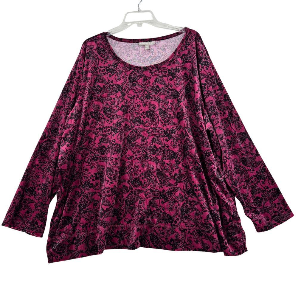 Woman Within Velour Top Size 3X Fuchsia Black Stretch Long Sleeve Pullover